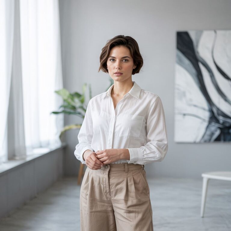 biała bluzka i lniane spodnie