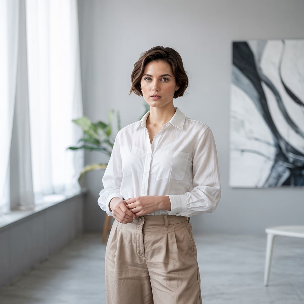 biała bluzka i lniane spodnie