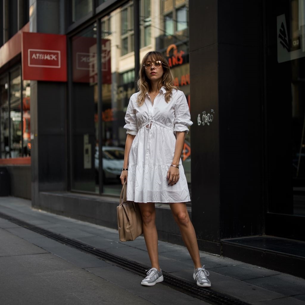 modny street style z sukienką i sneakersami