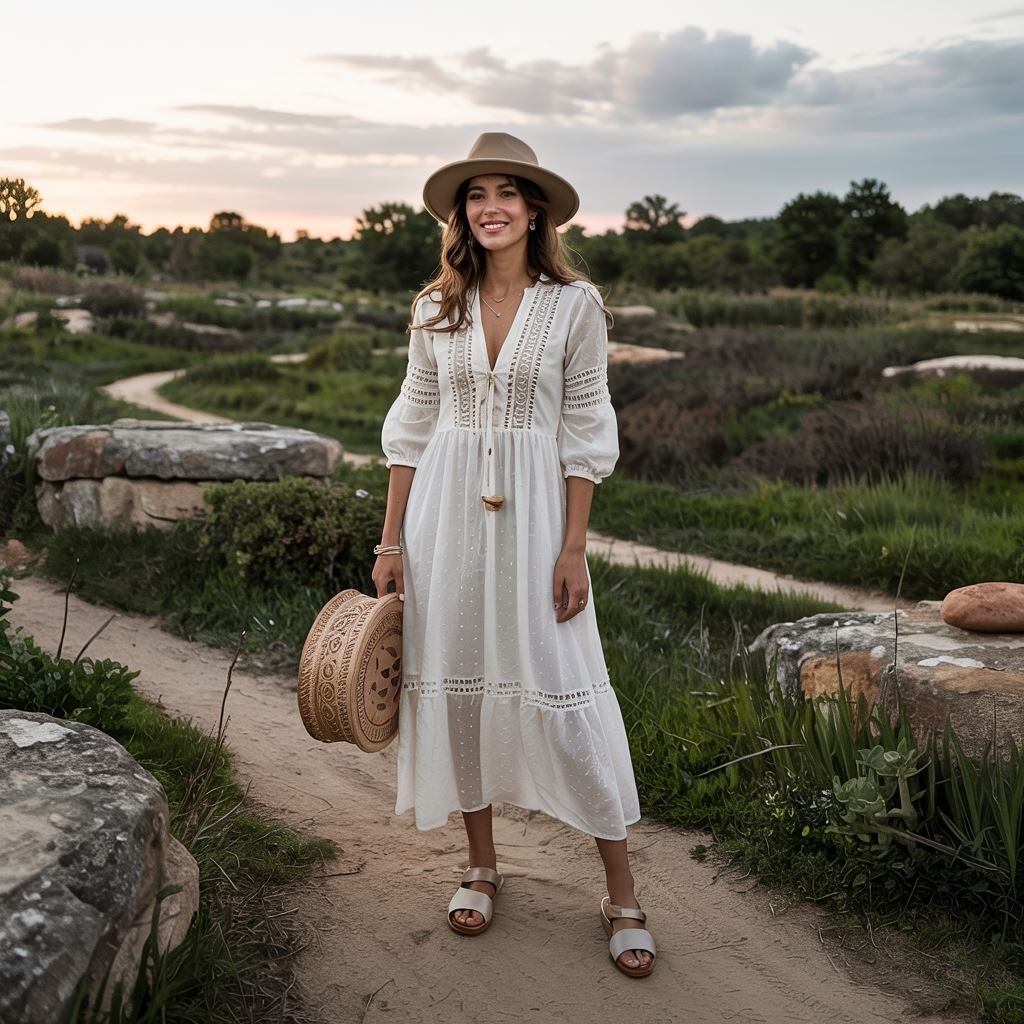 stylizacja boho z białą sukienką