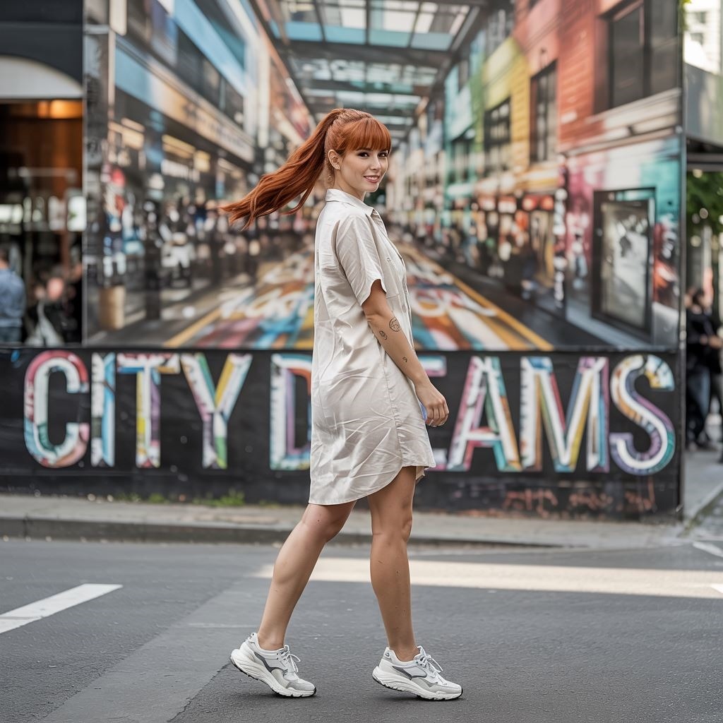trendy stylizacja z białą sukienką i sportowymi butami