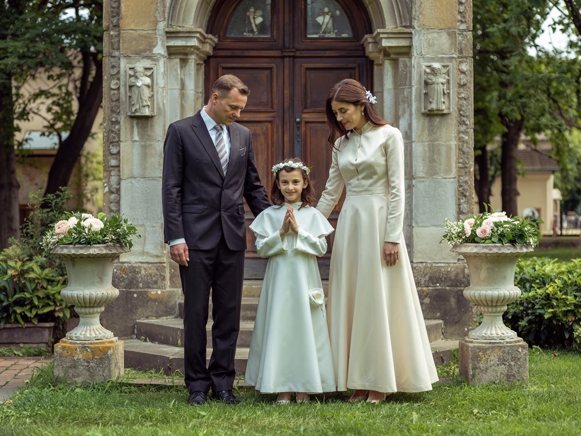 elegancka rodzina przed kościołem