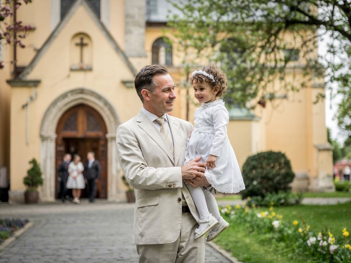 ojciec z dzieckiem przed kościołem
