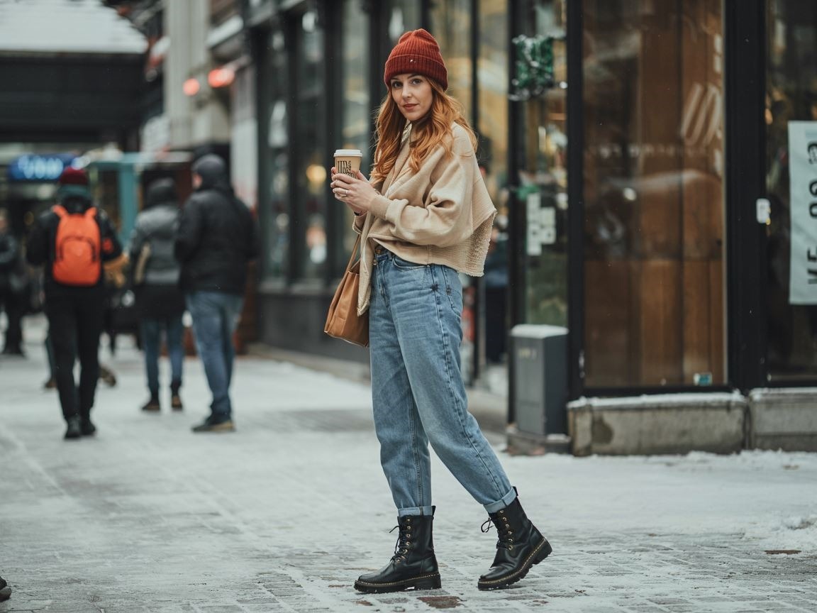 outfit z mom jeans i kozakami